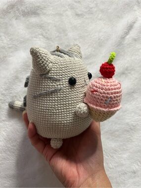 Pusheen Handmade Crochet Cat Plush Holding Pink Ice Cream